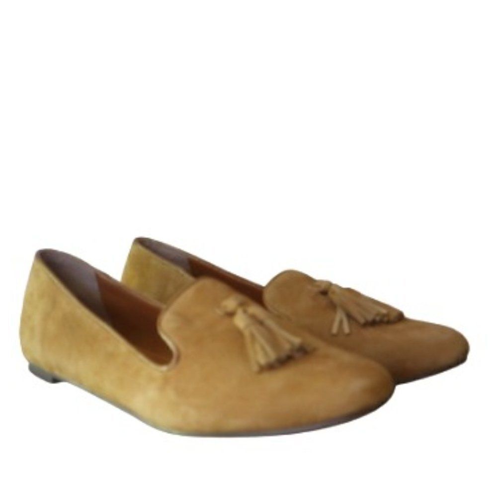 J. Crew Women Size 7.5 Camel Faux Suede Smoking Tassel Slip On Loafers Office